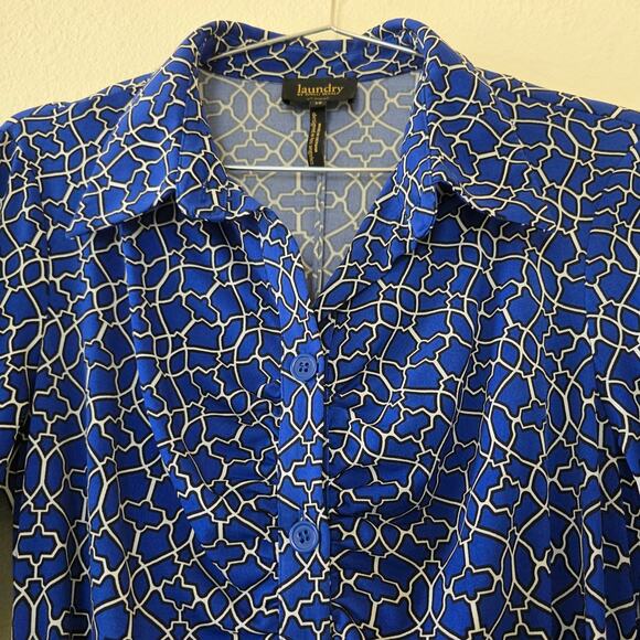 Laundry by Shelli Segal Blue Geometric Shirt Dress Belted Women Size 10 Classic - Picture 3 of 13